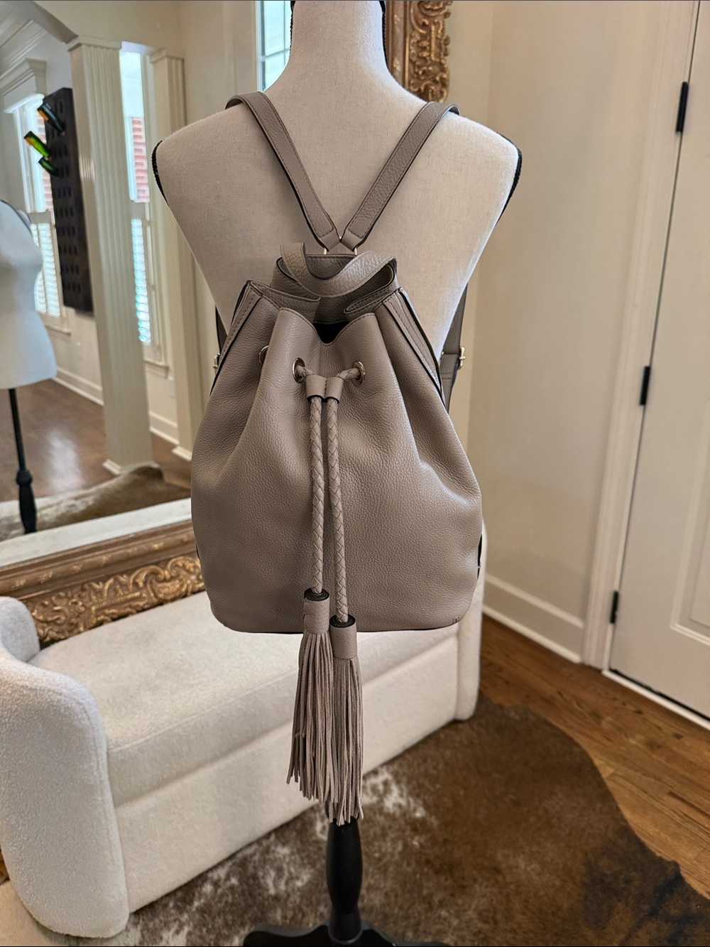 Rebecca Minkoff Taupe Drawstring Tassel Backpack